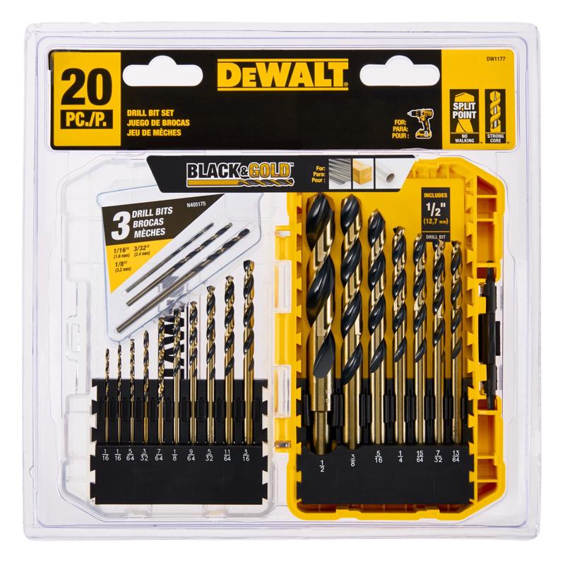 DeWalt BLACK GOLD High Speed Steel Pilot Point Drill Bit Set Straight Shank 20 pc PETER S HARDWARE CENTER