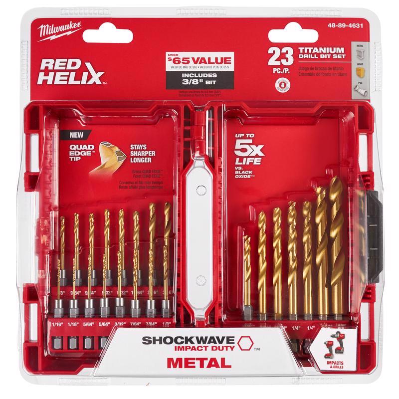 Milwaukee Shockwave Assorted Titanium Red Helix Drill Bit Set Hex Shank 23 pc