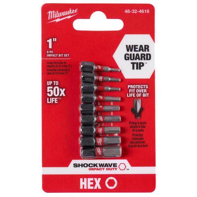Milwaukee Shockwave Hex Assorted X 1 in. L Impact Insert Bit Set Steel 9 pc
