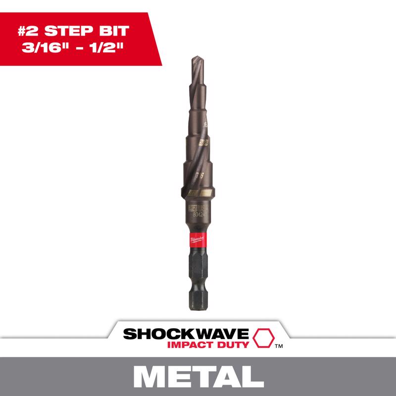 Milwaukee Shockwave 3 16 to 1 2 in. X 3.68 in. L High Speed Steel Impact Step Drill Bit Hex Shank 1 PETER S HARDWARE CENTER