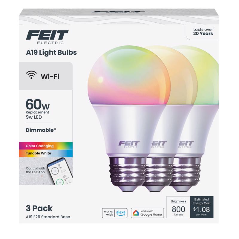 Feit Smart WiFi LED A19 Bulb – Daylight 60W Equivalent (3‑Pack)