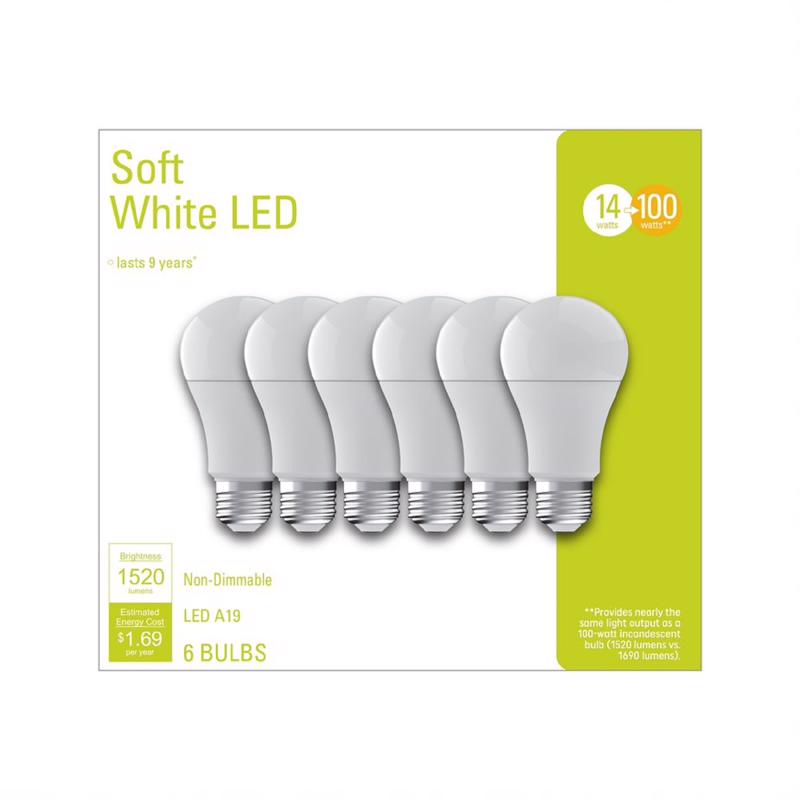 GE LED A19 E26 (Medium) LED Bulb Soft White 100 Watt Equivalence 6 pk