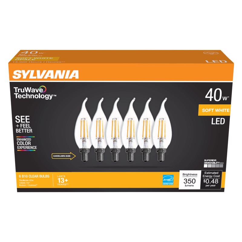 SYLVANIA进口代理批发 Sylvania Truwave B10 E12（烛台）LED 灯泡软白色 40 瓦等效 6 件装