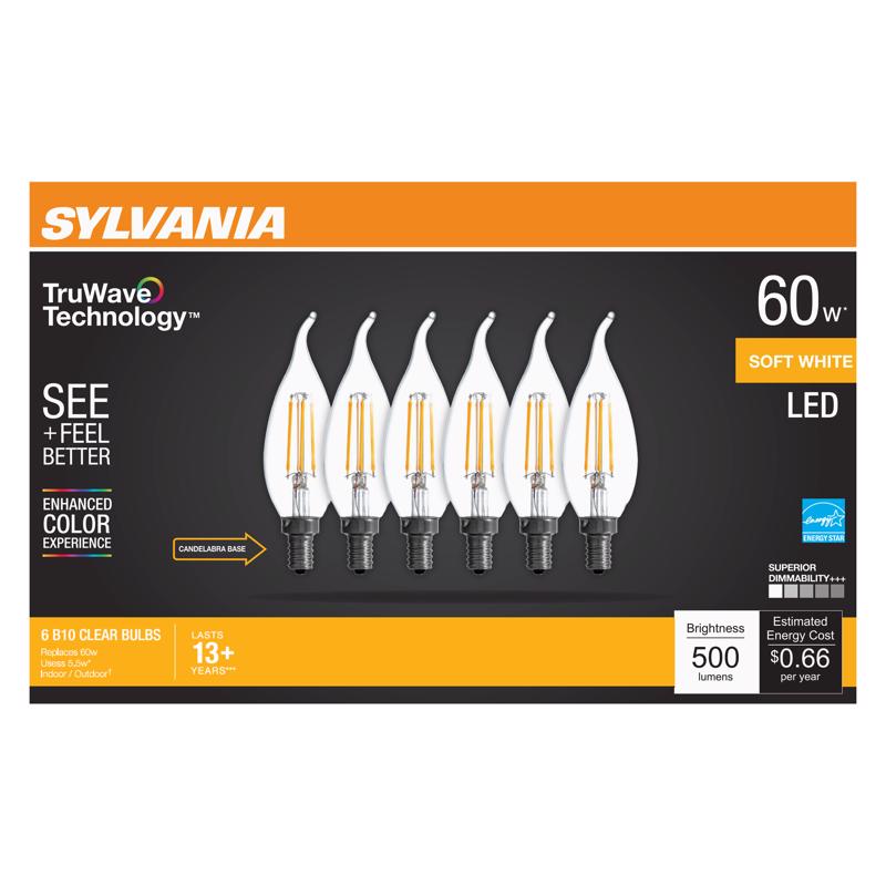 SYLVANIA进口代理批发 Sylvania Truwave B10 E11 LED 灯泡软白色 60 瓦等效 6 件装