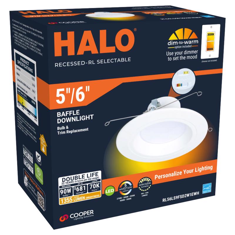 HALO进口代理批发 Halo Retrofit 系列哑光白色 5/6 英寸 W LED 可调光嵌入式筒灯 90 W