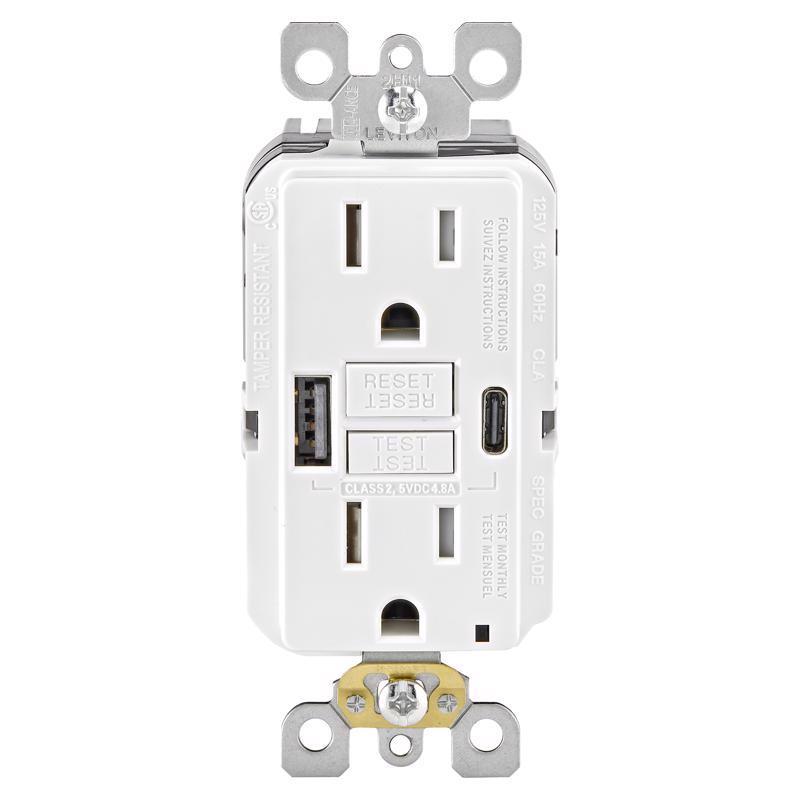 LEVITON进口代理批发 Leviton 15 安培 125 V GFCI 白色插座和 USB 充电器 5-15 R 1 包