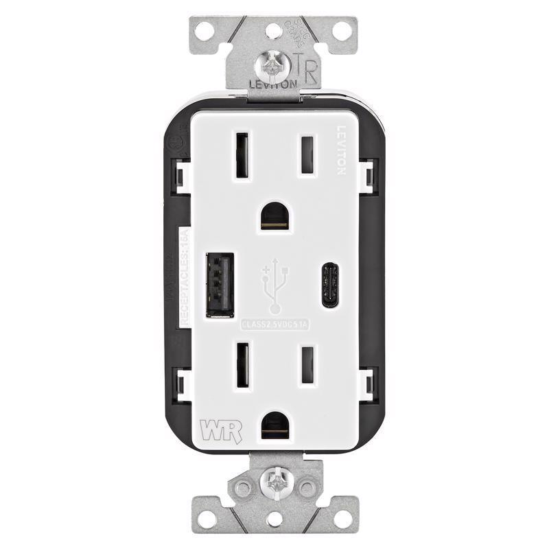 LEVITON进口代理批发 Leviton 15 安培 125 V USB 白色插座和 USB 充电器 5-15 R 1 包