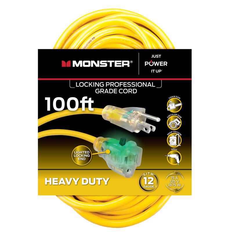 Monster Just Power It Up Outdoor 100 ft. L Yellow Extension Cord 12/3 SJTW