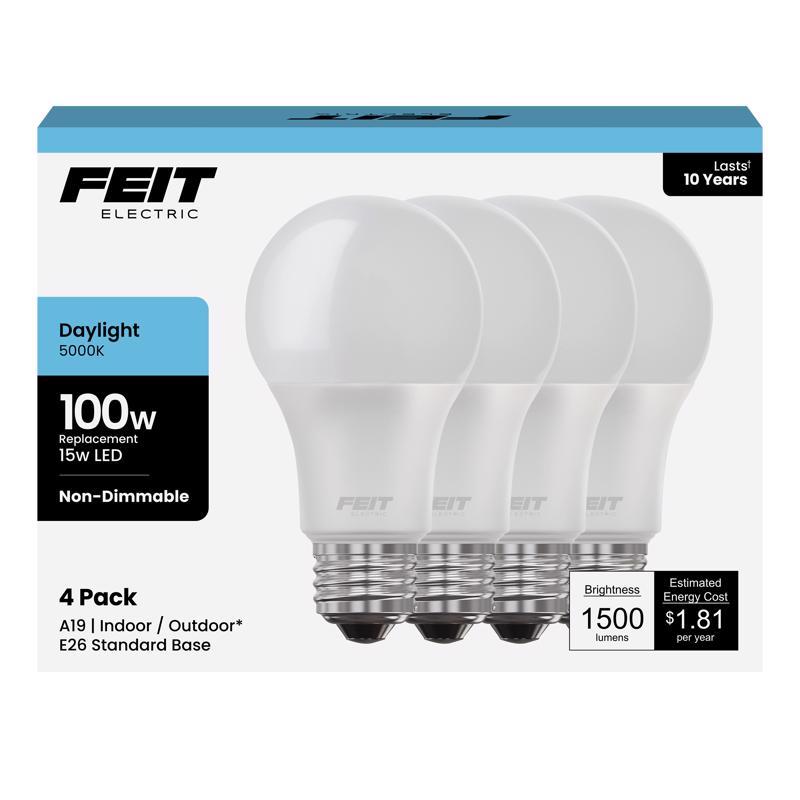 Feit A19 Daylight LED Bulb – 4‑Pack, 15W (100W Equivalent) E26