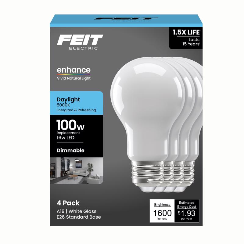 Feit 16W A19 Daylight LED Bulb – 100W Equivalent, 4‑Pack, Dimmable