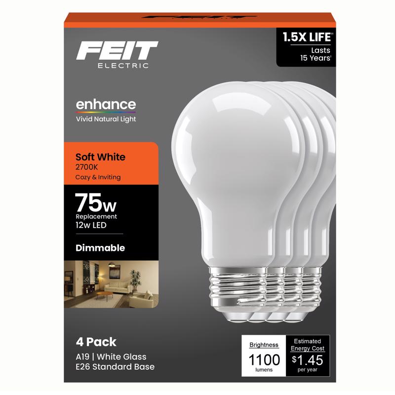 Feit Soft White A19 LED Bulb 4‑Pack – 75W Equivalent, Dimmable E26