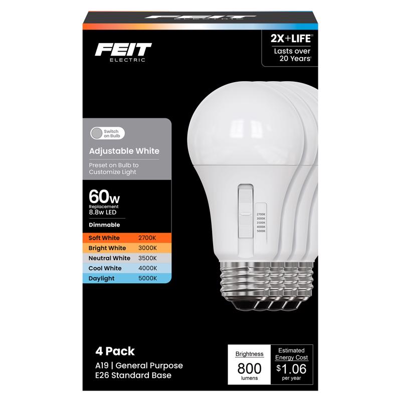 Feit Adjustable White LED A19 Bulb – 60W Equivalent, 4‑Pack