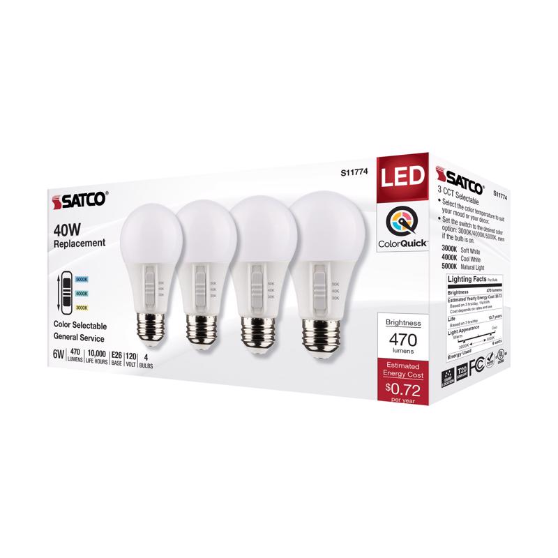 6 Watt A19 Color Quick Led Light Bulb, 3 Color Temperature Options, E26 Base, 120 Volt