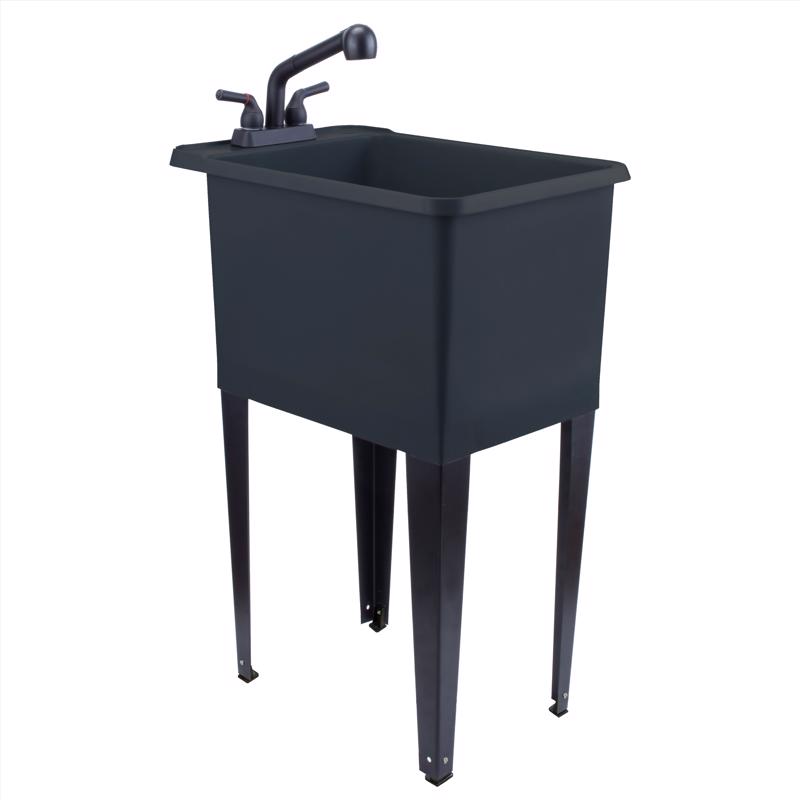 Black Space-Saving Laundry Utility Sink with Black Pull-Out Faucet