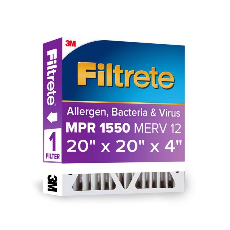 3M进口代理批发 3M Filtrete 20 英寸宽X 20 英寸高X 4 英寸深 聚酯 12 MERV 褶皱式过敏原空气过滤器 1 个装