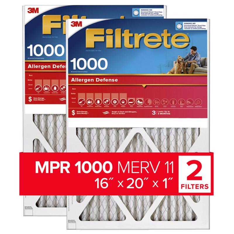 FILTRETE进口代理批发 Filterrete 16 英寸宽X 20 英寸高X 1 英寸深 聚丙烯 11 MERV 褶式空气过滤器 2 个装