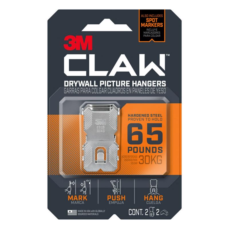 3M进口代理批发 3M Claw 银色干墙通用衣架 65 磅 2 个装