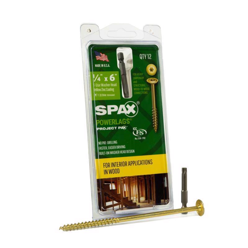 SPAX进口代理批发 SPAX PowerLags 1/4 英寸 X 6 英寸 L 垫圈黄色锌碳钢拉力螺钉 12 个/包