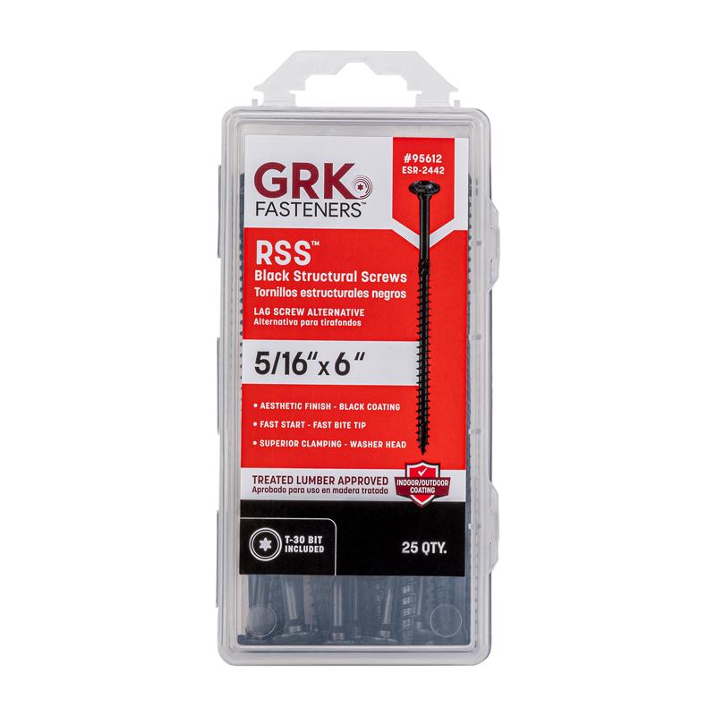 GRK进口代理批发 GRK RSS 5/16 或 15 英寸 X 6 英寸 L 星形黑色 W 形切割结构木螺钉 1 包