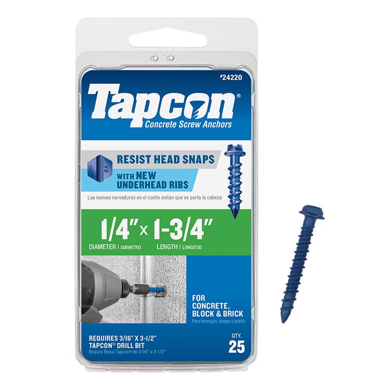 酷牌库|商品详情-TAPCON进口代理批发 Tapcon 1/4 英寸 DX 1-3/4 英寸 L 钢六角头混凝土螺丝锚栓 25 个一包