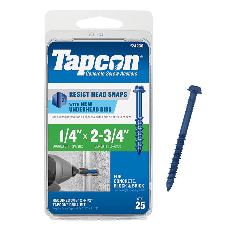 酷牌库|商品详情-TAPCON进口代理批发 Tapcon 1/4 英寸 DX 2-3/4 英寸 L 钢六角头混凝土螺丝锚栓 25 个一包