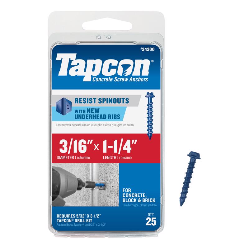 TAPCON进口代理批发 Tapcon 3/16 英寸 DX 1-1/4 英寸 L 钢六角头混凝土螺丝锚栓 25 个一包