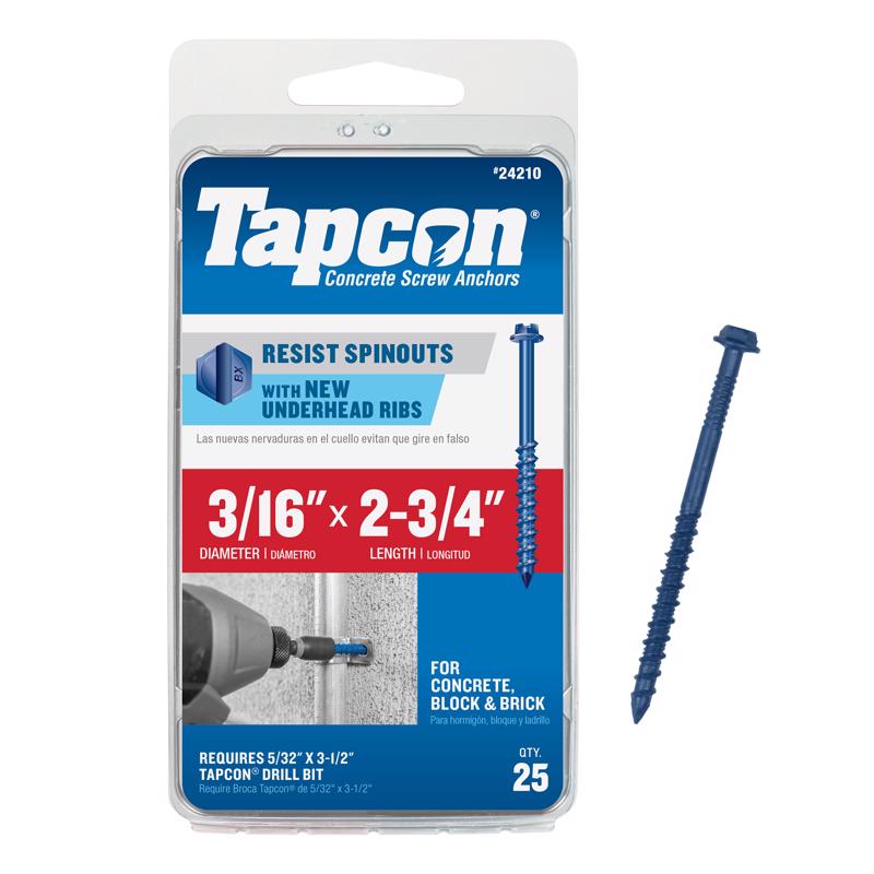 TAPCON进口代理批发 Tapcon 3/16 英寸 DX 2-3/4 英寸 L 钢六角头混凝土螺丝锚栓 25 个一包