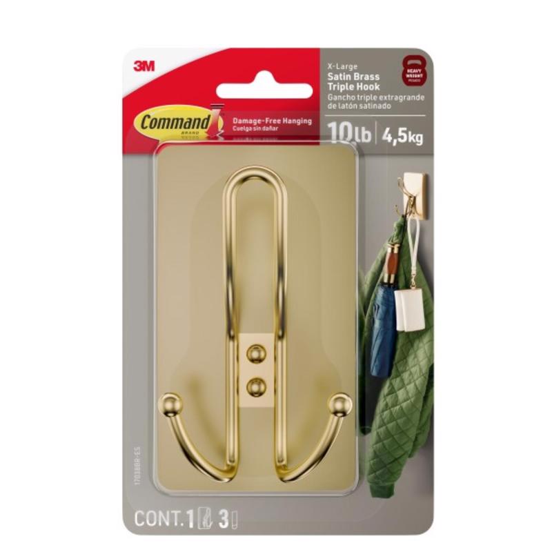 3M Satin Brass Plastic Triple Hook 1 pk