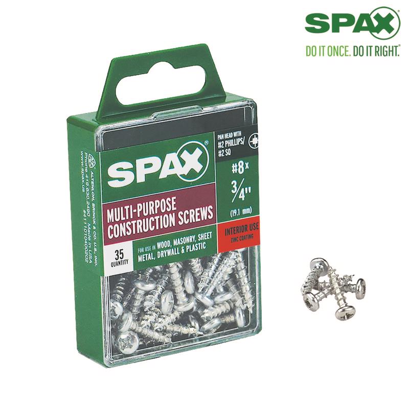 SPAX进口代理批发 SPAX 8 号 X 3/4 英寸 L 十字/方形镀锌锯齿多材料螺钉 35 个/包