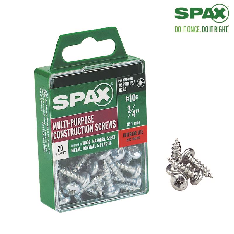 SPAX进口代理批发 SPAX 10 号 X 3/4 英寸 L 十字/方形镀锌锯齿多材料螺钉 20 个/包