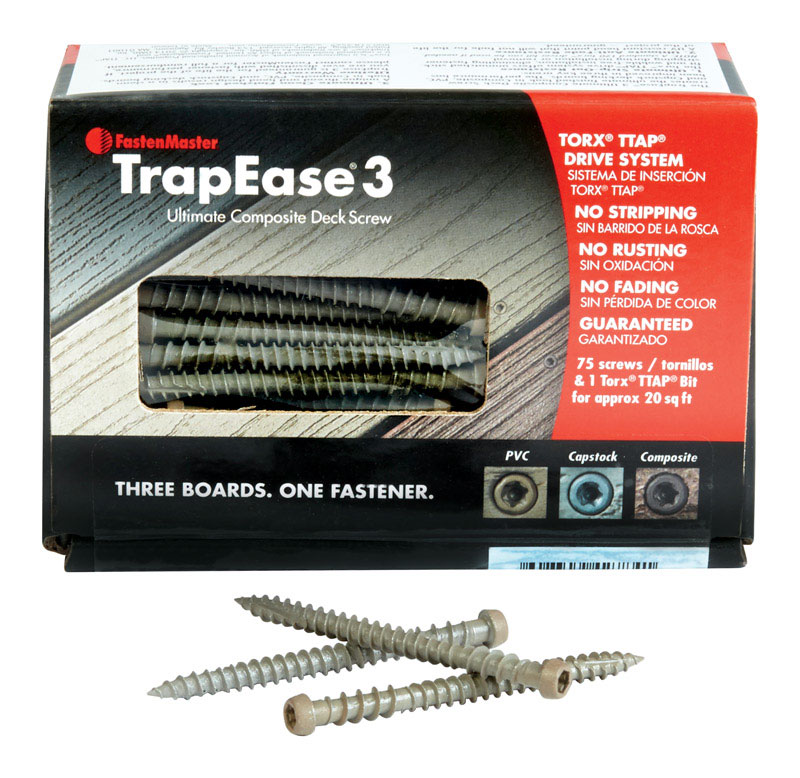 FASTENMASTER进口代理批发 FastenMaster TrapEase 10 号 X 2-1/2 英寸 L 海滩沙丘 Torx Ttap 平头复合甲板螺钉 75 颗