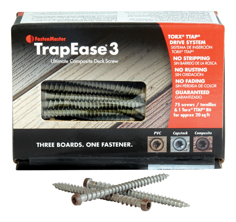 FASTENMASTER进口代理批发 FastenMaster TrapEase 3 10 号 X 2-1/2 英寸 L Madeira Torx TTAP 平头复合甲板螺钉 75 件