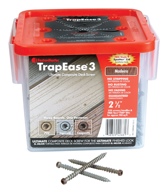 FASTENMASTER进口代理批发 FastenMaster TrapEase 3 10 号 X 2-1/2 英寸 L Madeira Torx TTAP 平头复合甲板螺钉 350 颗