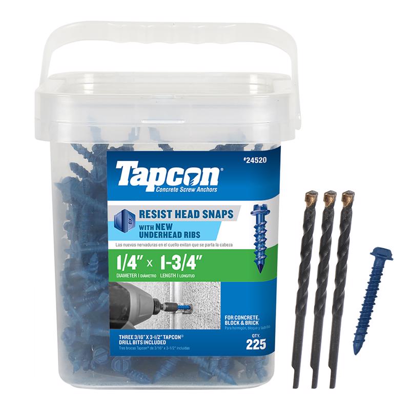 TAPCON进口代理批发 Tapcon 1/4 英寸 DX 1-3/4 英寸 L 钢六角头混凝土螺丝锚栓 225 个/包