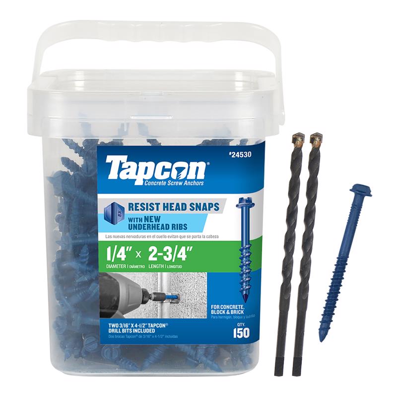 TAPCON进口代理批发 Tapcon 1/4 英寸 DX 2-3/4 英寸 L 钢六角头混凝土螺丝锚栓 150 个/包