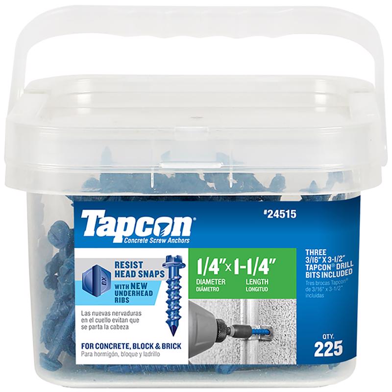 TAPCON进口代理批发 Tapcon 1/4 英寸 DX 1-1/4 英寸 L 钢六角头混凝土螺丝锚栓 225 个一包