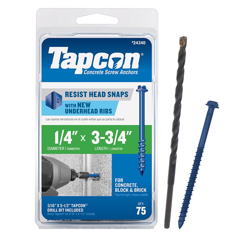 TAPCON进口代理批发 Tapcon 1/4 英寸 DX 3-3/4 英寸 L 钢六角头混凝土螺丝锚栓 75 个一包