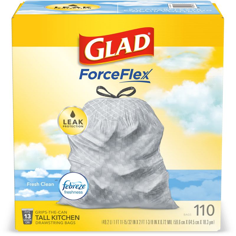 GLAD进口代理批发 Glad Force Flex 13 加仑清新香味高抽绳厨房袋 110 个/包 072 万