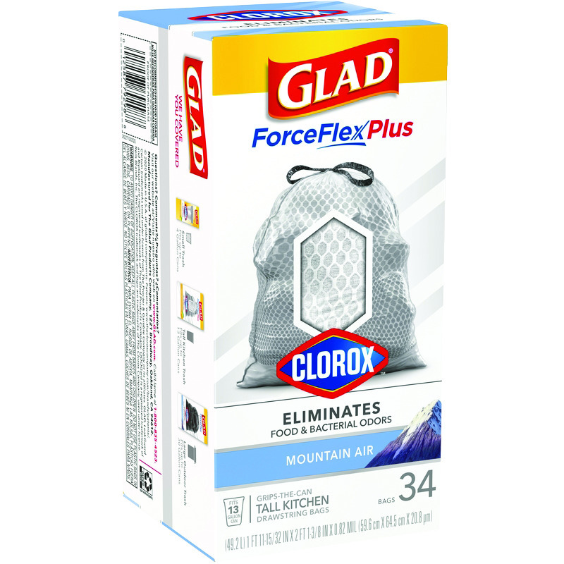 GLAD进口代理批发 Glad Force Flex Plus 13 加仑山地空气香味高厨房袋抽绳 34 个装 082 万