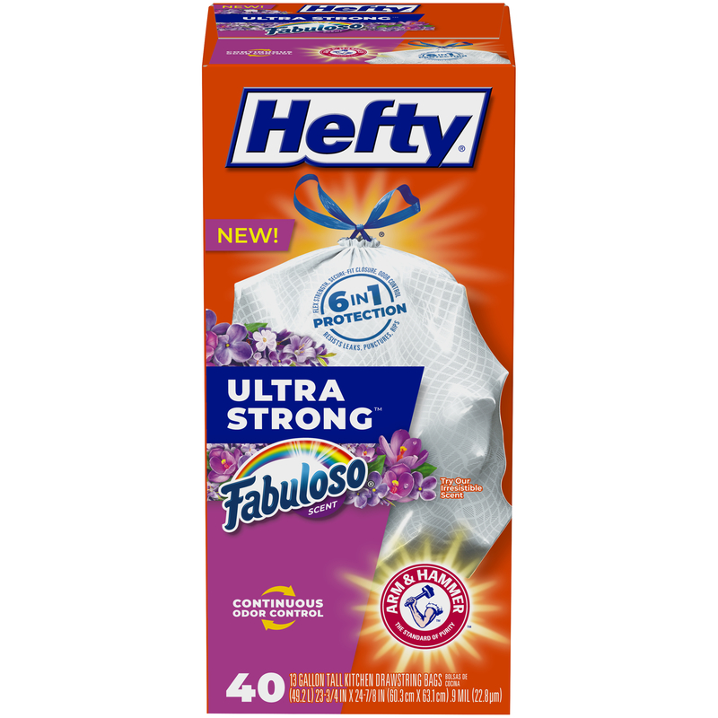 HEFTY进口代理批发 Hefty 超强 13 加仑 Fabuloso 香味高厨房袋抽绳 40 个/包 090 万