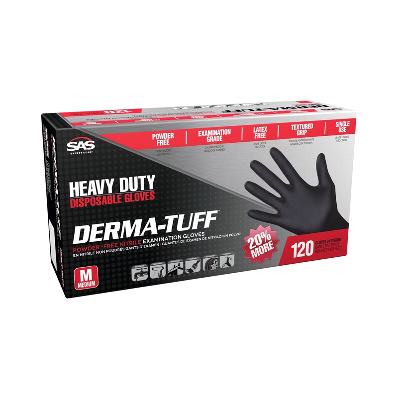 SAS SAFETY进口代理批发 SAS 安全 Derma-Tuff 丁腈一次性手套 中号 黑色 无粉 120 件装