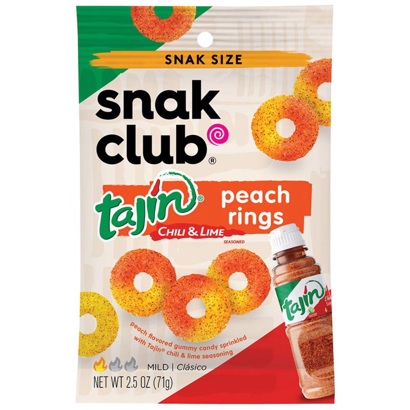 SNAK CLUB进口代理批发 Snak Club Tajin 辣椒和青柠桃子圈 2.5 盎司袋装