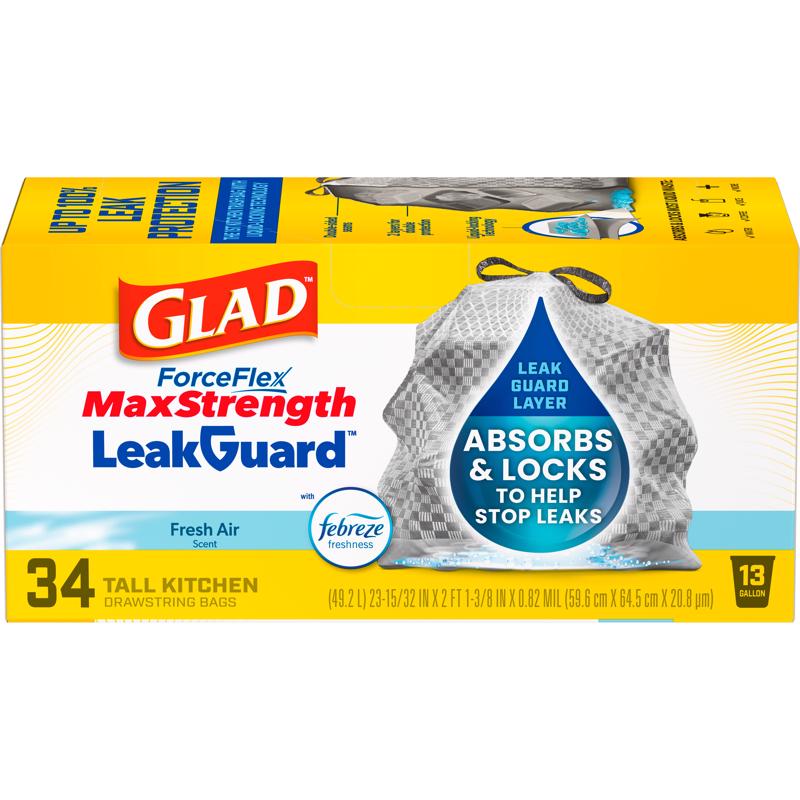 Glad LeakGuard 13 gal Fresh Kitchen Trash Bags Drawstring 34 pk