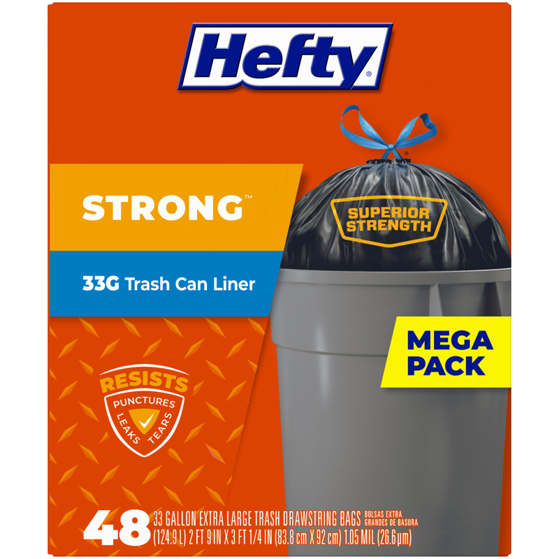 HEFTY进口代理批发 Hefty 超强 33 加仑垃圾桶内衬抽绳 48 个装 105 万件