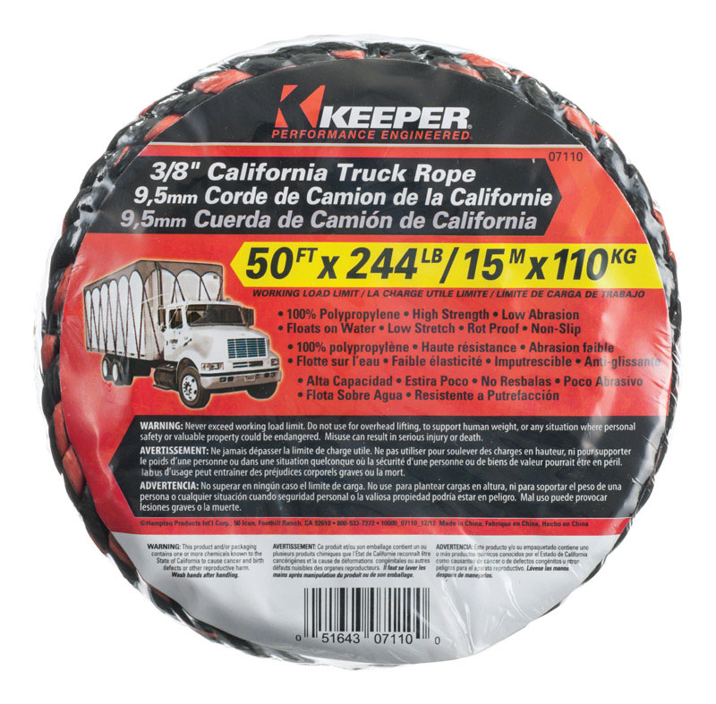 KEEPER进口代理批发 Keeper 3/8 英寸宽X 50 英尺长黑色/橙色卡车绳 244 磅 1 包