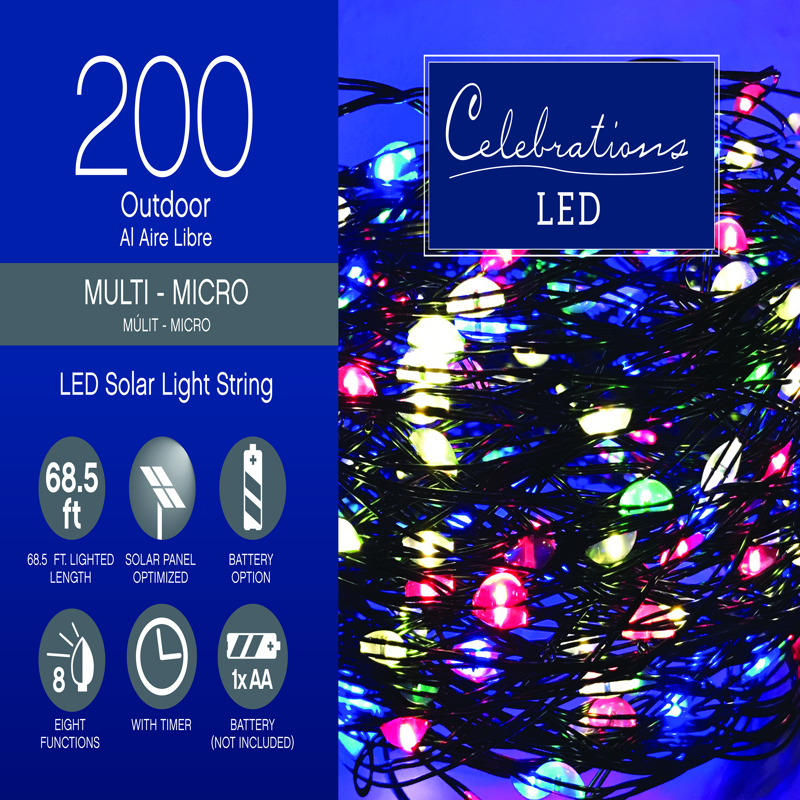 CELEBRATIONS进口代理批发 庆典 LED 微型多彩 200 克拉串圣诞灯泡 16.24 英尺